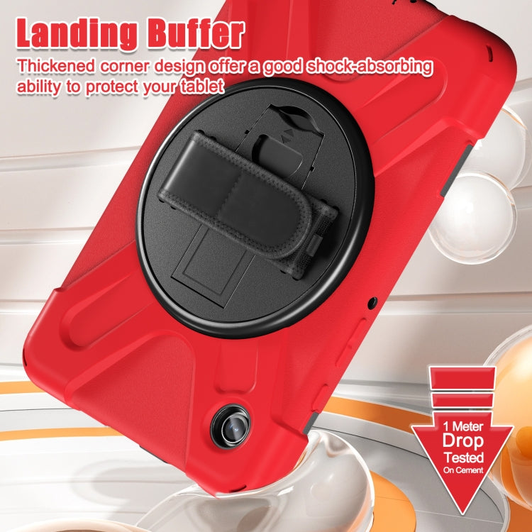 Samsung Galaxy Tab A9+ case featuring a rotary handle, pen slot, and shoulder strap, made from durable TPU and PC materials.